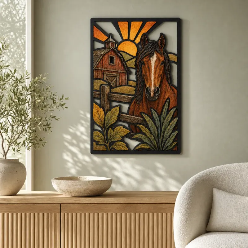 Bay Horse by Rustic Barn at Sunrise Colorful Metal Wall Art