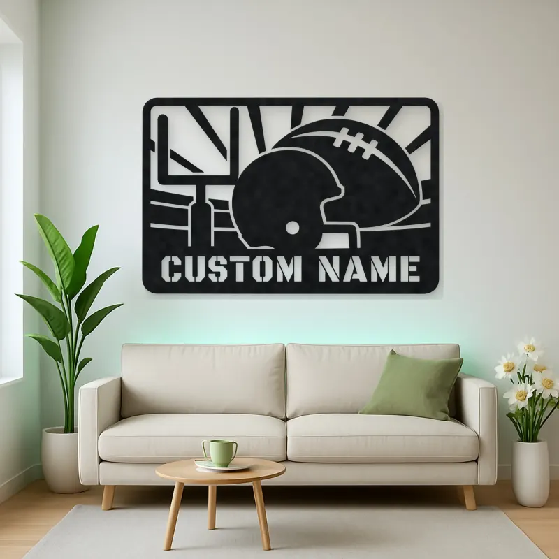 Personalized Football Helmet Metal Wall Art with Goalposts