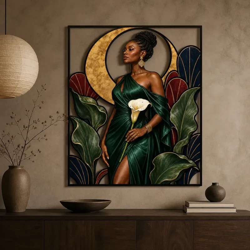 Elegant Black Woman in Green Dress with Calla Lilies Colorful Metal Wall Art