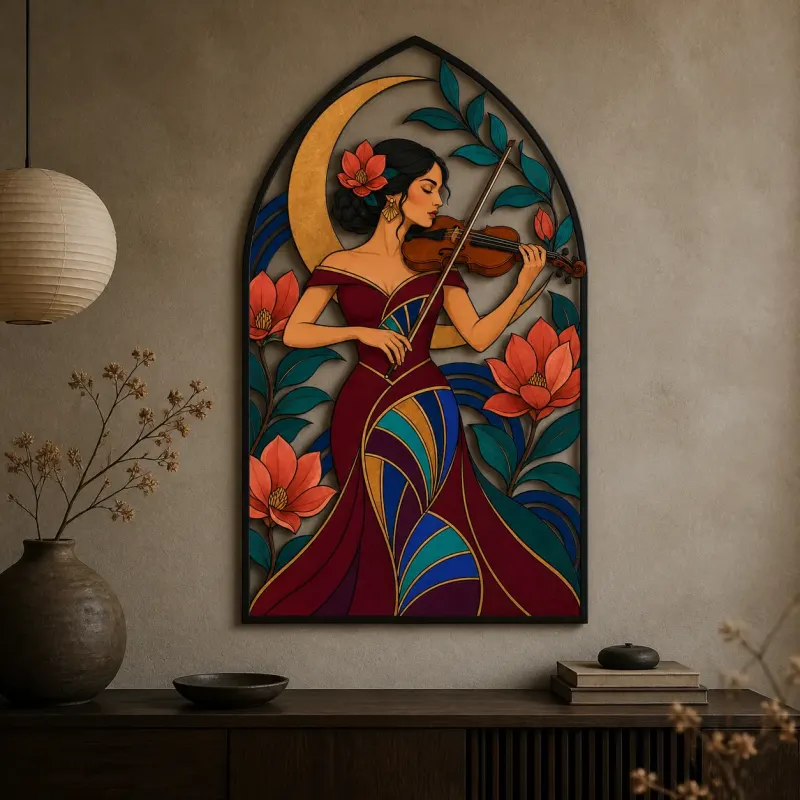 Woman Violinist with Flowers and Crescent Moon Colorful Metal Wall Art