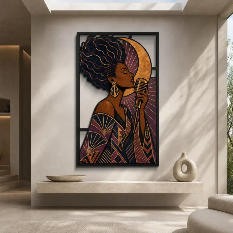 Afro Jazz Singer with Vintage Microphone and Copper Moon Colorful Metal Wall Art