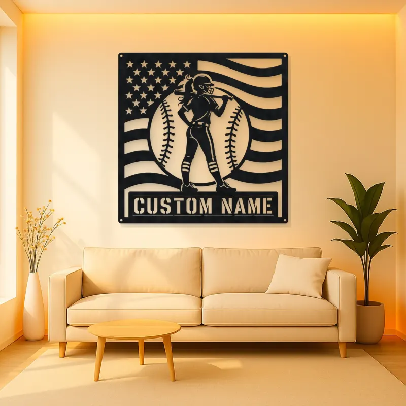 Personalized Female Softball Player Bat on Shoulder Metal Wall Art