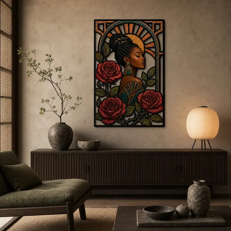 Afro Woman with Red Roses in Art Deco Frame Colorful Metal Wall Decor