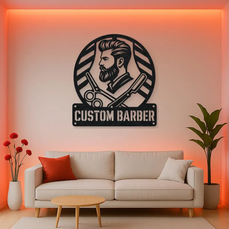 Personalized Barber Metal Wall Art with Scissors and Razor