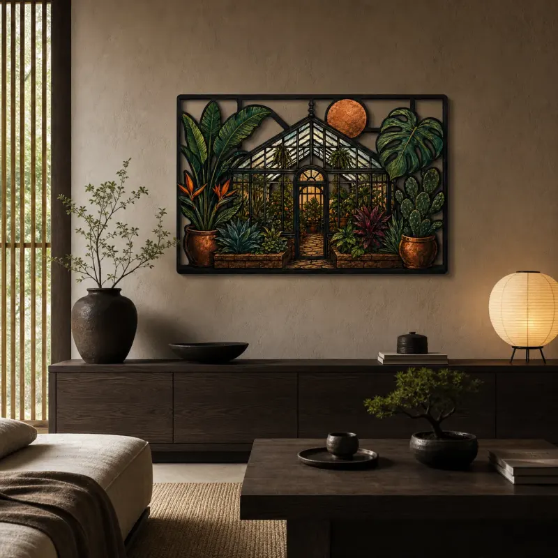 Tropical Greenhouse with Monstera and Bird of Paradise Colorful Metal Wall Art