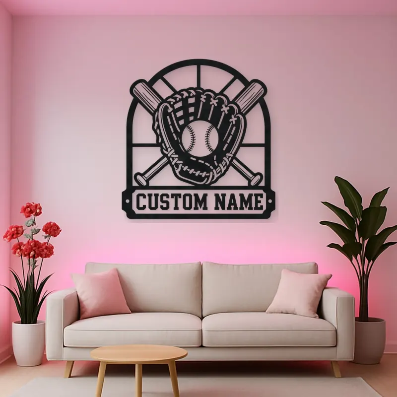Personalized Baseball Glove Ball and Crossed Bats Metal Wall Art