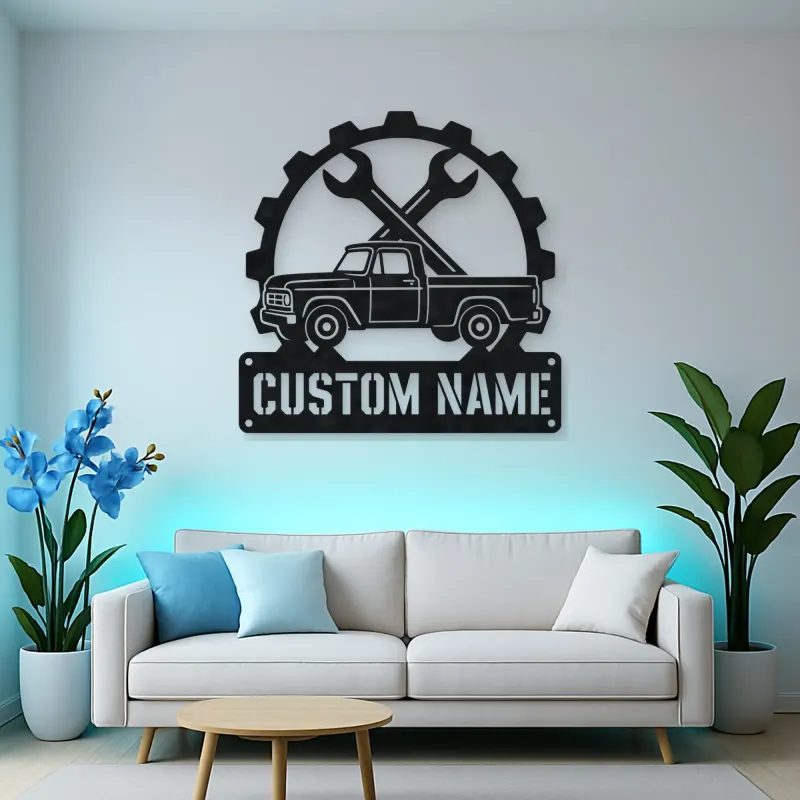 Personalized Vintage Pickup Truck Metal Wall Art with Wrench Detail