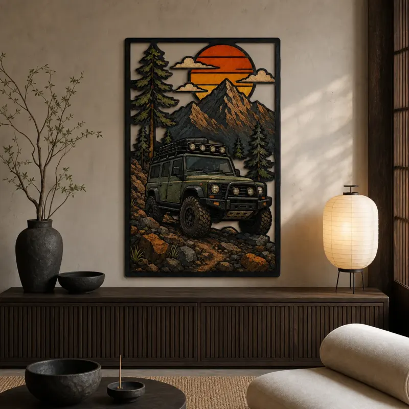 Classic Off Road Truck in Mountain Forest Colorful Metal Wall Art