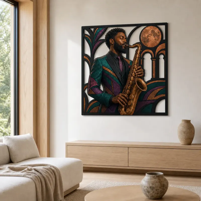Black Saxophone Player in Art Deco Jazz Scene Colorful Metal Wall Decor