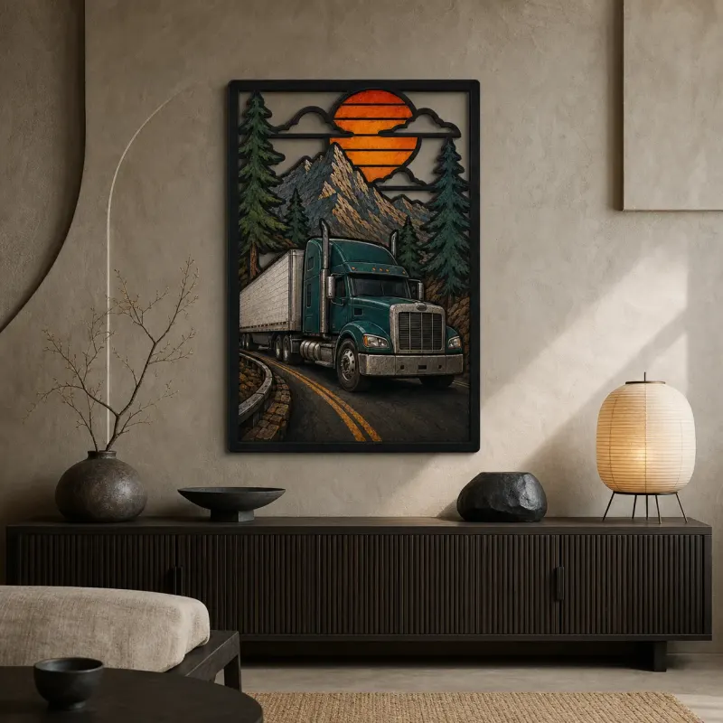 Green Semi Truck on Mountain Highway Colorful Metal Wall Art