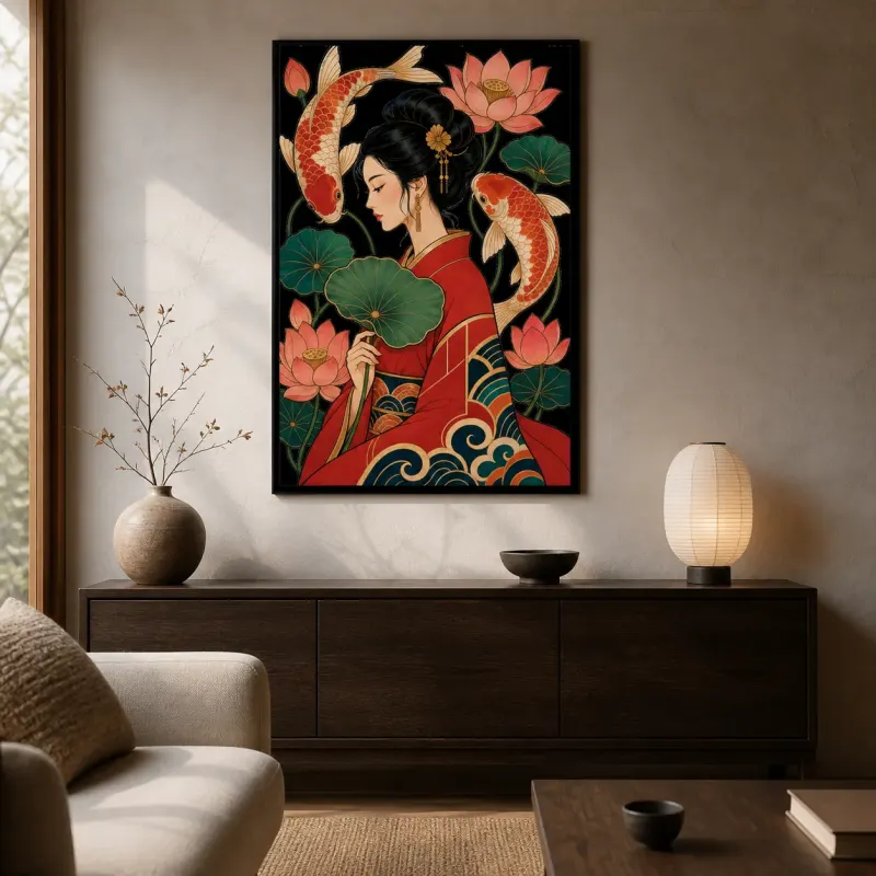 Japanese Woman with Koi Fish and Lotus Flowers Colorful Metal Wall Art