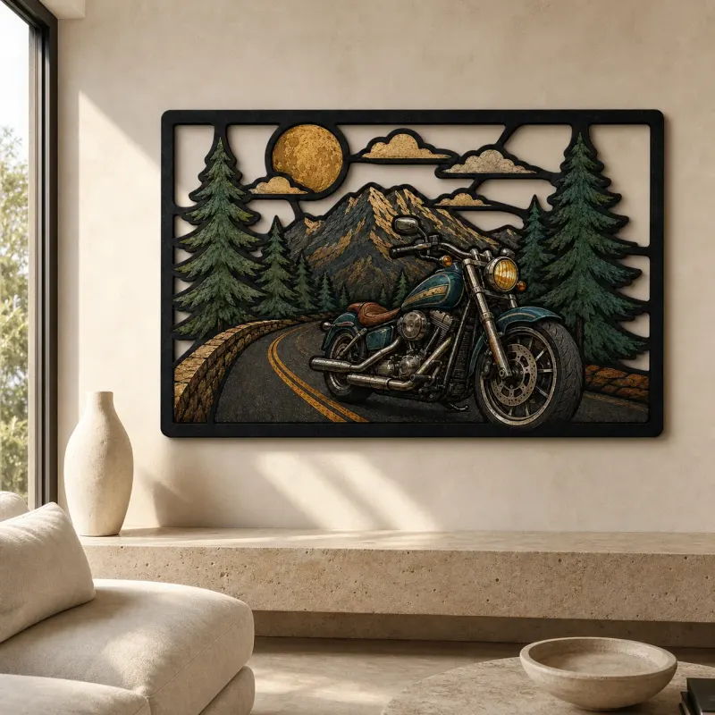 Cruiser Motorcycle on Mountain Road under Full Moon Colorful Metal Wall Art