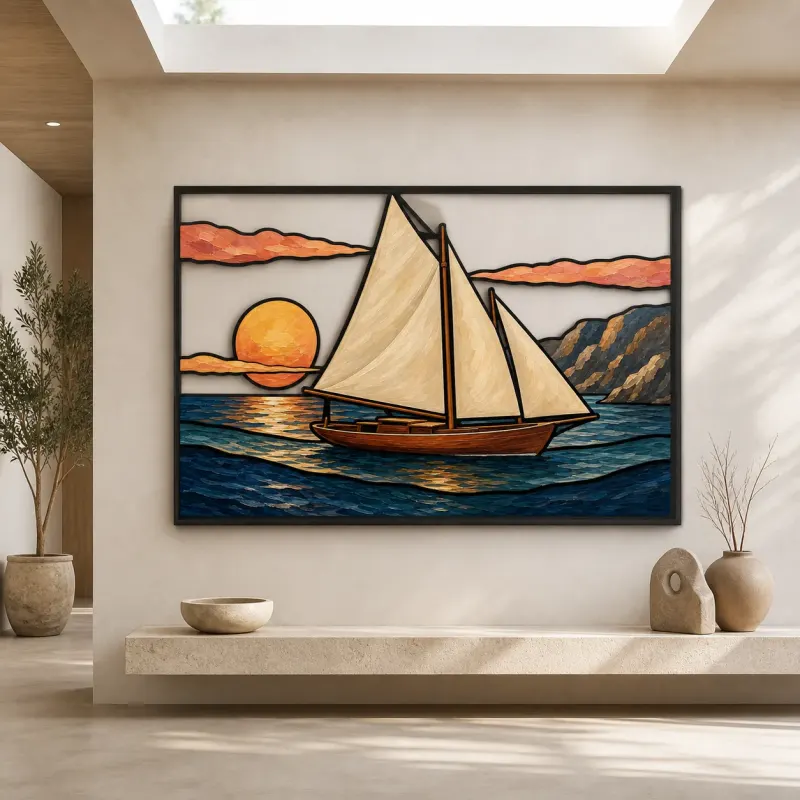Sailboat on Mountain Lake at Sunset Colorful Metal Wall Art
