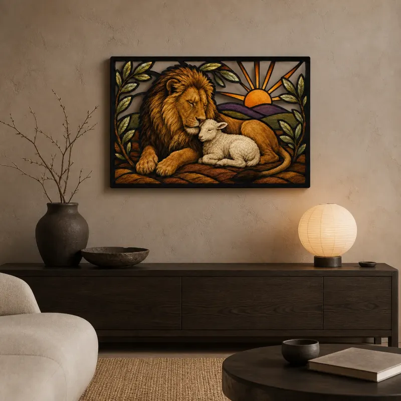 Lion and Lamb Resting Together at Sunrise Colorful Metal Wall Art