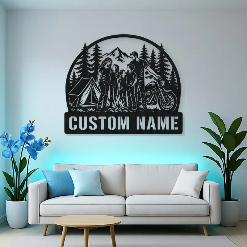 Personalized Family of Five Camping Motorcycle Metal Wall Art