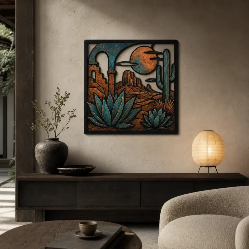 Mid Century Desert Arch with Agave and Cactus Colorful Metal Wall Art