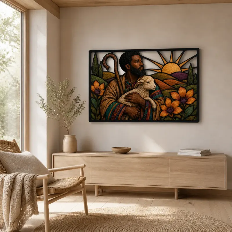 Good Shepherd Carrying Lamb at Sunrise Colorful Metal Wall Art
