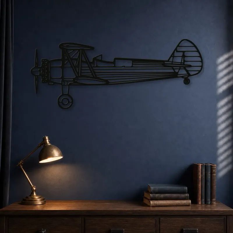 Silhouette in Metallo dell'Aereo Stearman 75, Insegna in Metallo, Decorazione da Parete Aeronautica, Decorazione per Aviatori