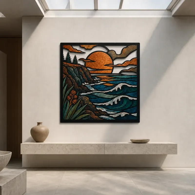 Mid Century Coastal Cliffs with Ocean Sunset Colorful Metal Wall Art