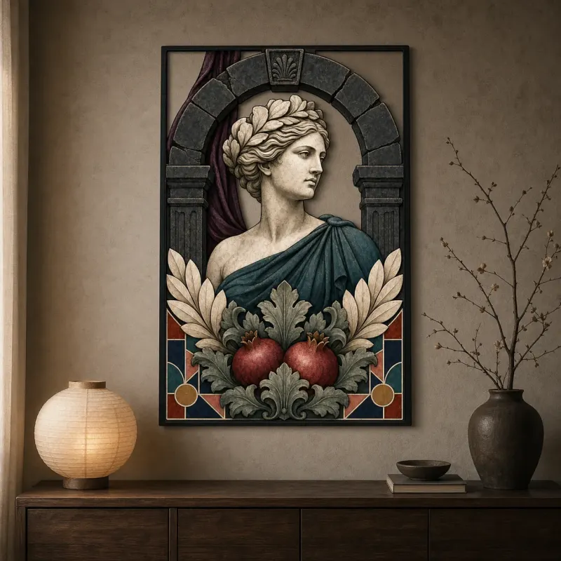 Classical Marble Woman with Pomegranates and Laurel Colorful Metal Wall Art