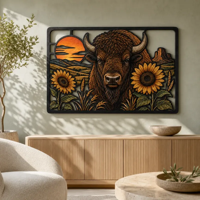 Bison with Sunflowers in Western Landscape Colorful Metal Wall Art