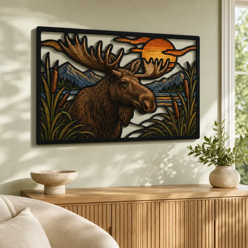 Moose by Mountain Lake at Sunset Colorful Metal Wall Art