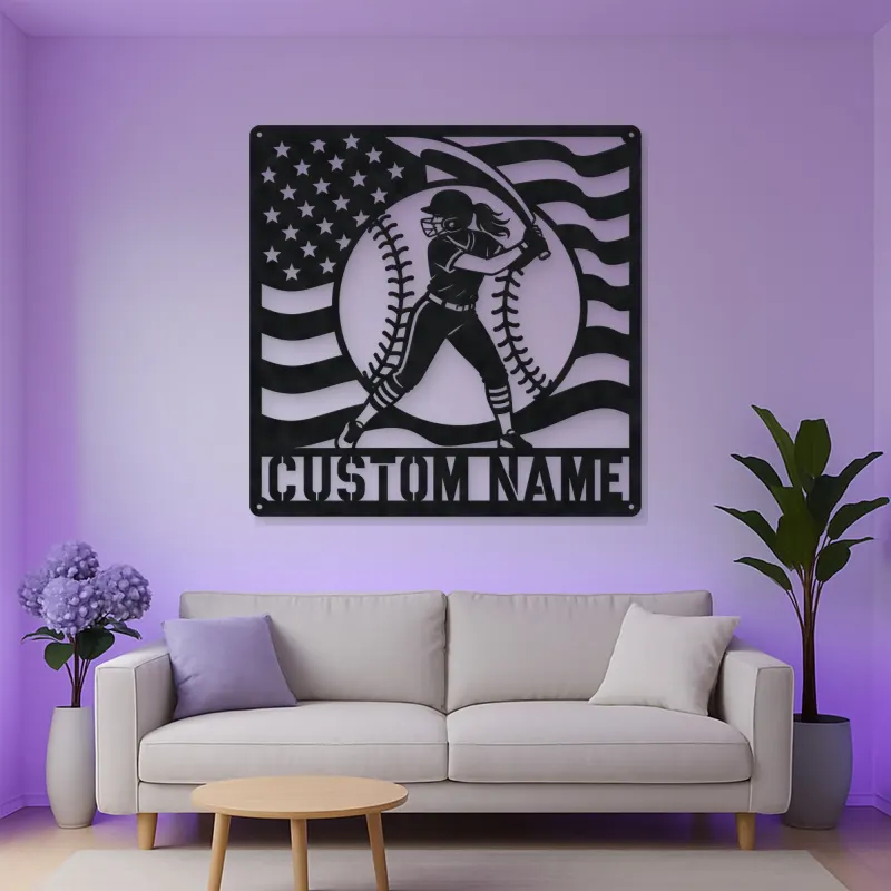 Personalized Female Softball Follow Through Flag Metal Wall Art