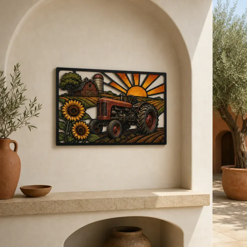 Vintage Farm Tractor with Sunflowers at Sunrise Colorful Metal Wall Art