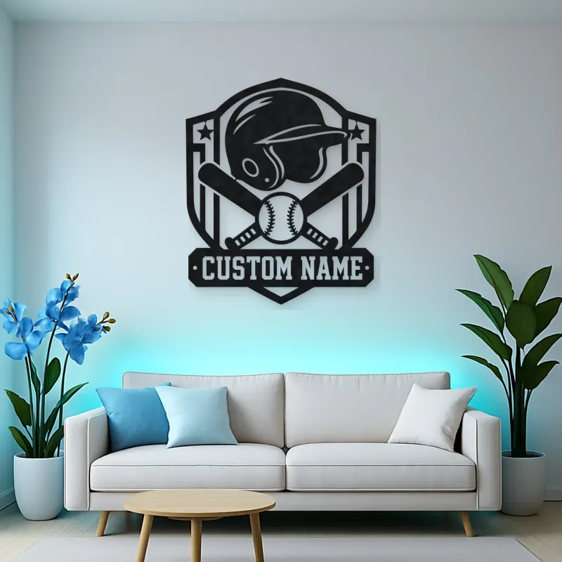 Personalized Baseball Helmet Crossed Bats Shield Metal Wall Art