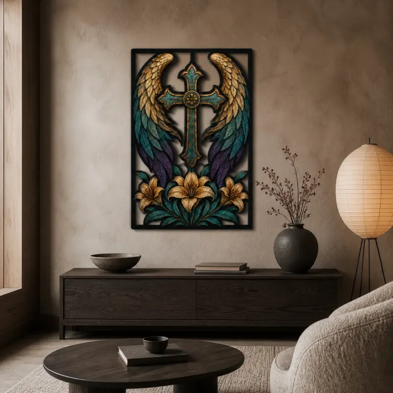 Angel Wings around Cross with White Lilies Colorful Metal Wall Art