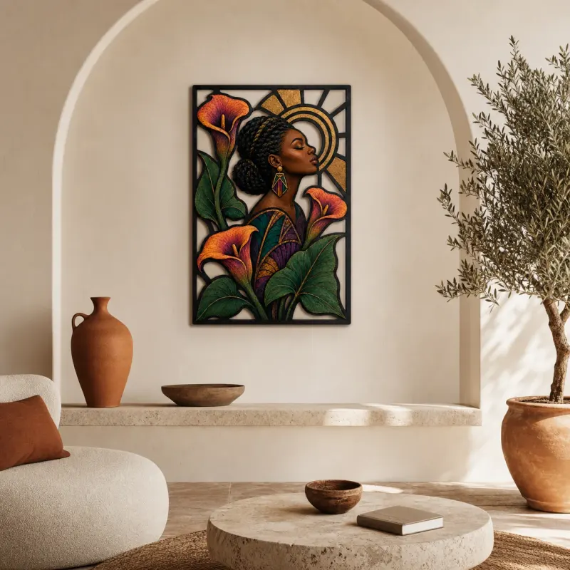 Afro Woman with Calla Lilies and Golden Halo Colorful Metal Wall Art