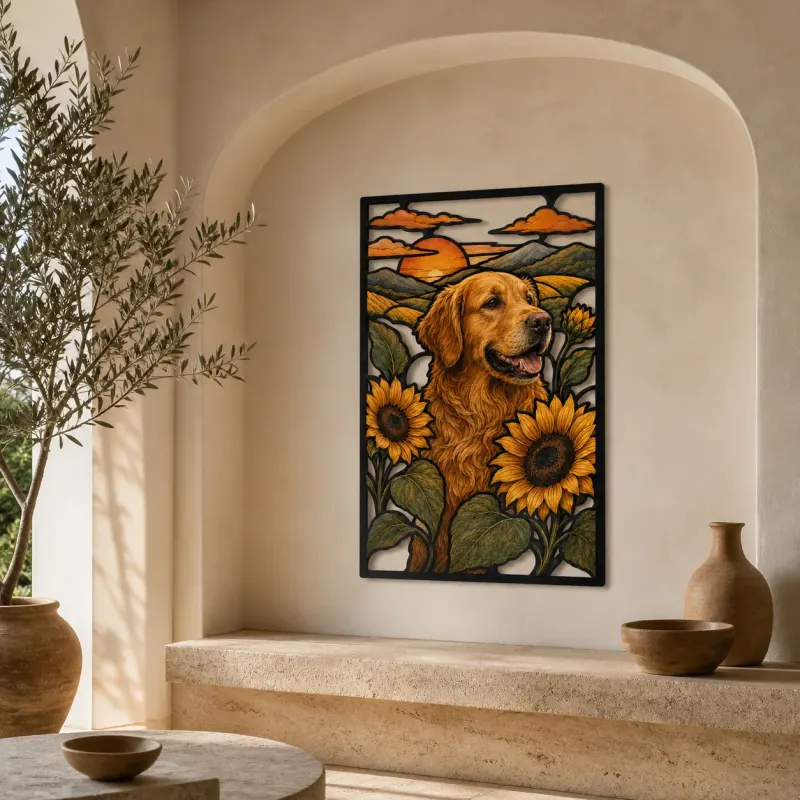 Golden Retriever with Sunflowers at Sunset Colorful Metal Wall Art