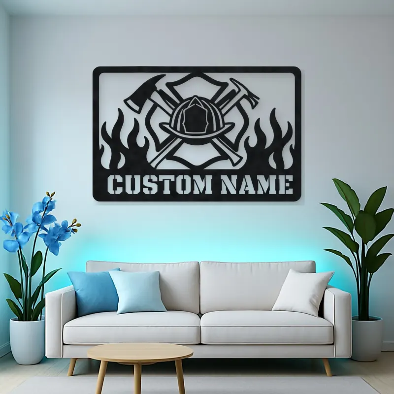 Personalized Firefighter Helmet Metal Wall Art with Flames