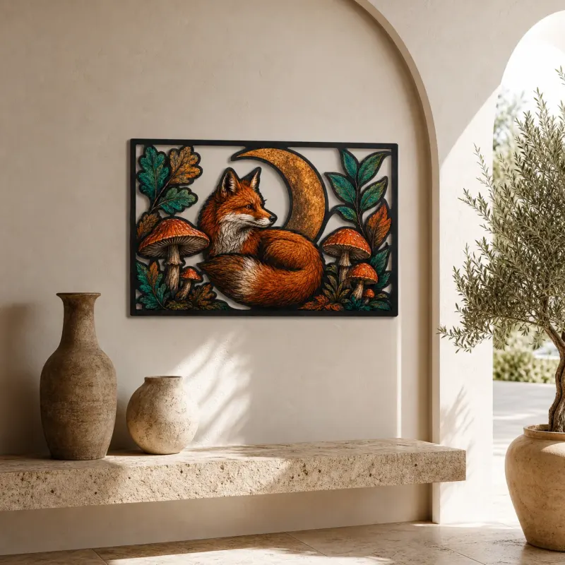 Red Fox with Mushrooms and Crescent Moon Colorful Metal Wall Art