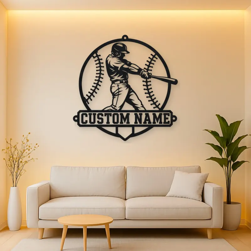 Personalized Baseball Batter Stitched Ball Metal Wall Art