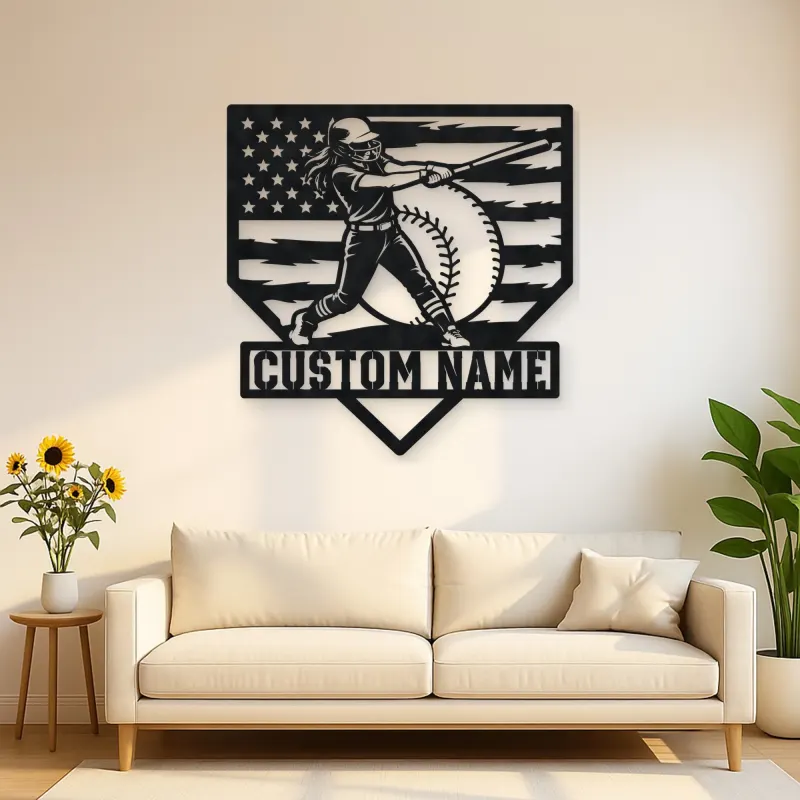 Personalized Female Softball Power Swing American Flag Metal Wall Art