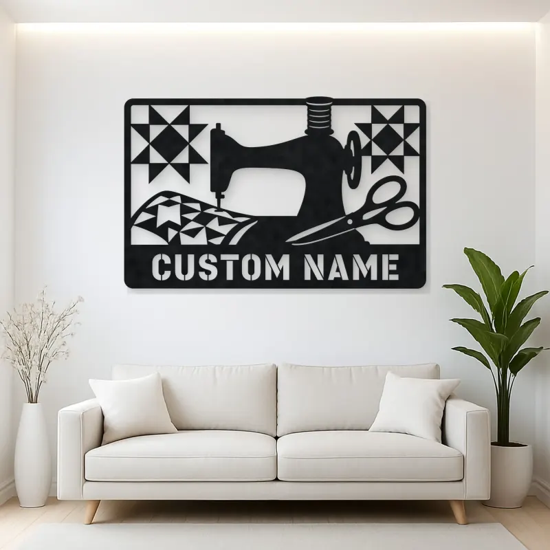 Personalized Sewing Machine Metal Wall Art with Quilt Details