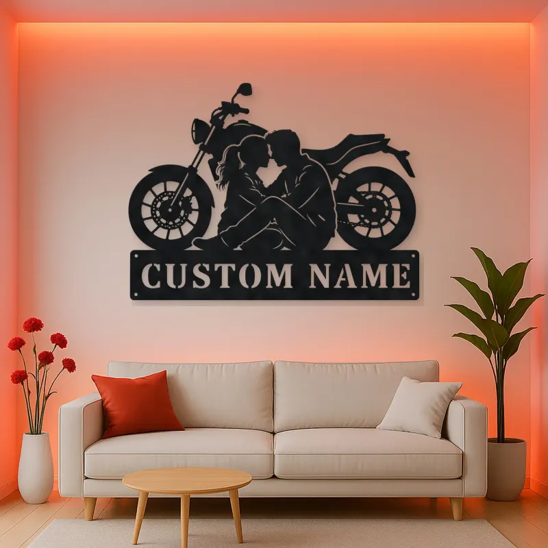 Personalized Seated Couple and Motorcycle Metal Wall Art