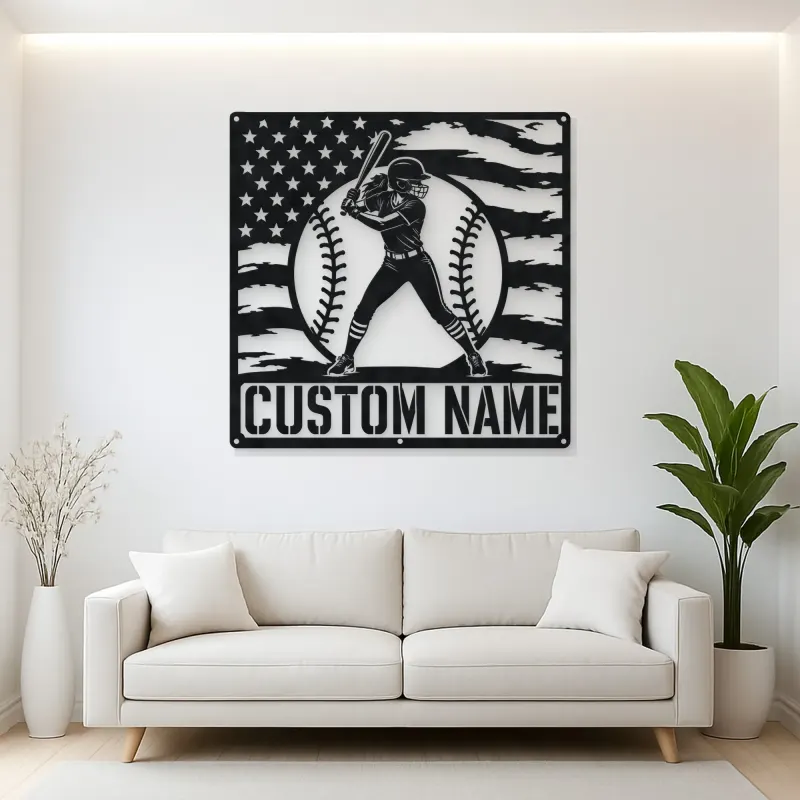 Personalized Female Softball Batter American Flag Metal Wall Art
