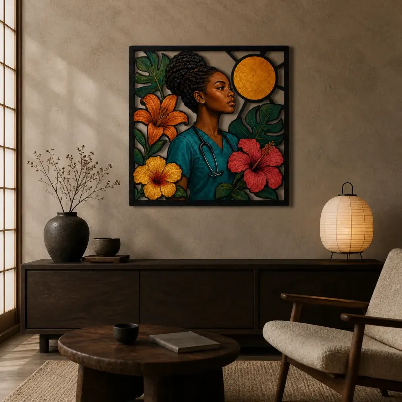 Black Woman Nurse with Tropical Hibiscus Colorful Metal Wall Art