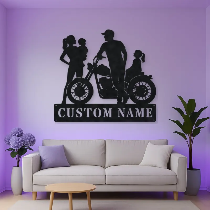 Personalized Motorcycle Family with Seated Daughter Metal Wall Art