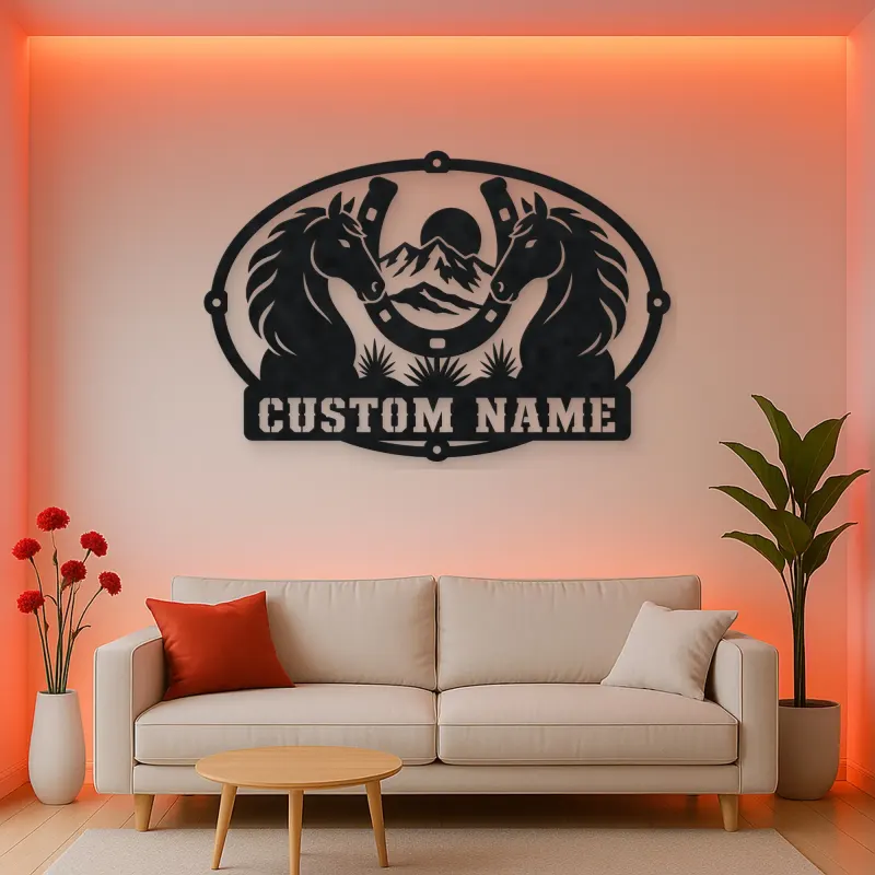 Personalized Two Horse Metal Wall Art with Horseshoe Frame