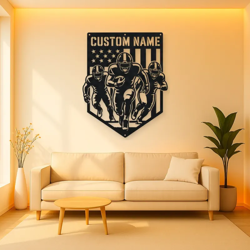 Personalized Three Football Players American Flag Metal Wall Art