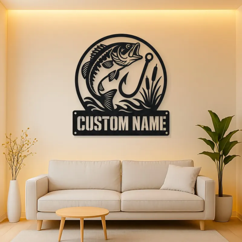 Personalized Largemouth Bass Fishing Metal Wall Art with Hook