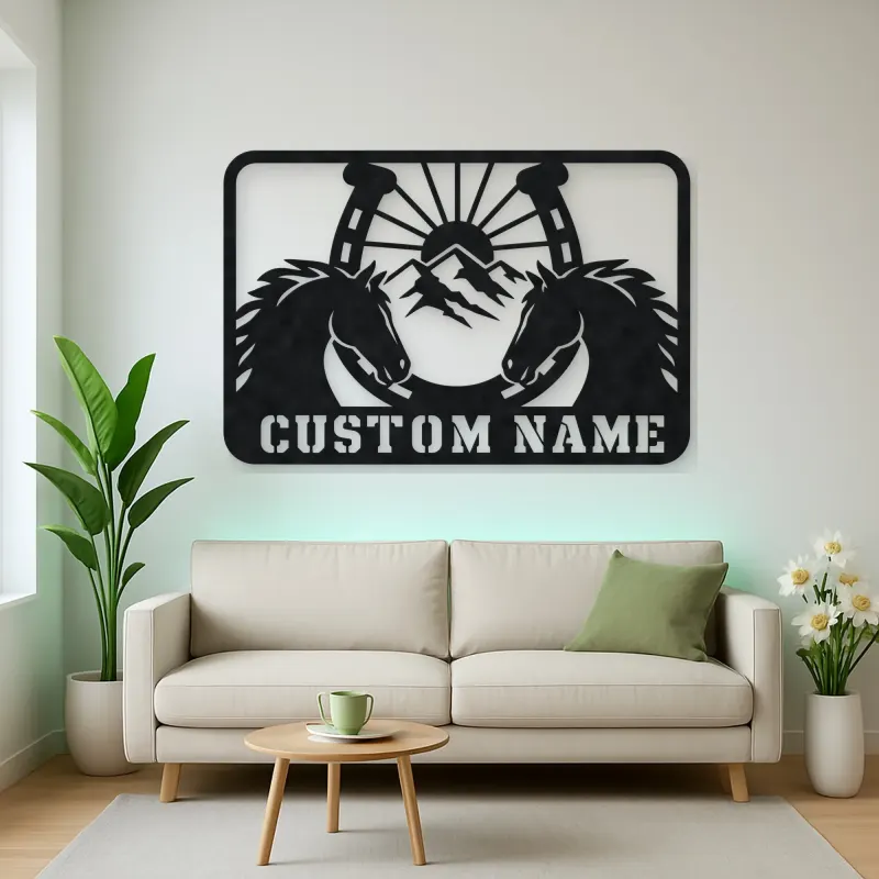 Personalized Horse Pair Metal Wall Art with Horseshoe