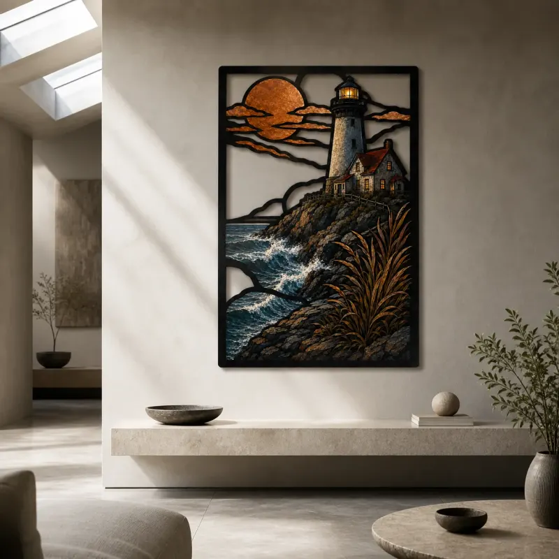 Coastal Lighthouse Cottage above Ocean Waves Colorful Metal Wall Art