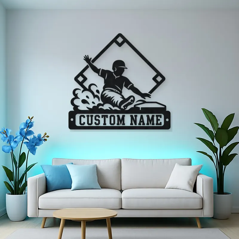 Personalized Baseball Player Sliding Home Metal Wall Art
