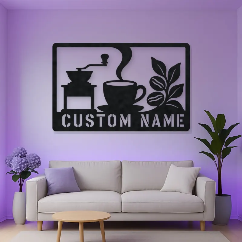 Personalized Coffee Station Metal Wall Art with Grinder