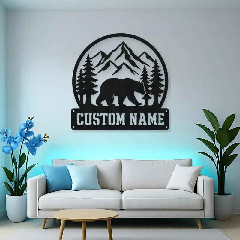 Personalized Bear and Pine Forest Metal Wall Art