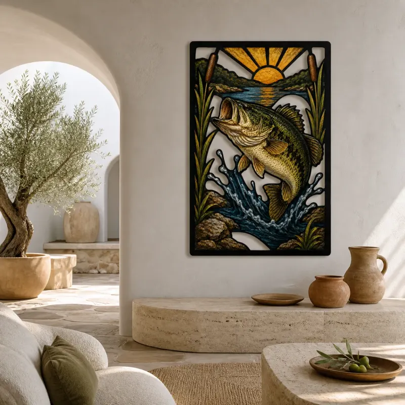 Largemouth Bass Leaping from Lake at Sunrise Colorful Metal Wall Art